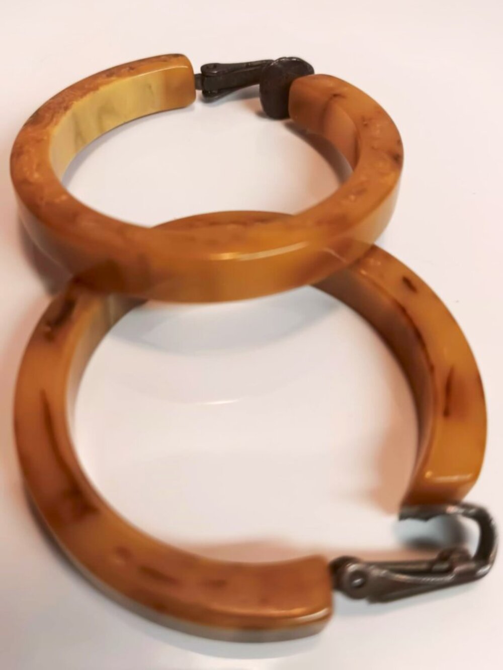 Butterscotch Bakelite clip on earrings, 1.5" hoops.